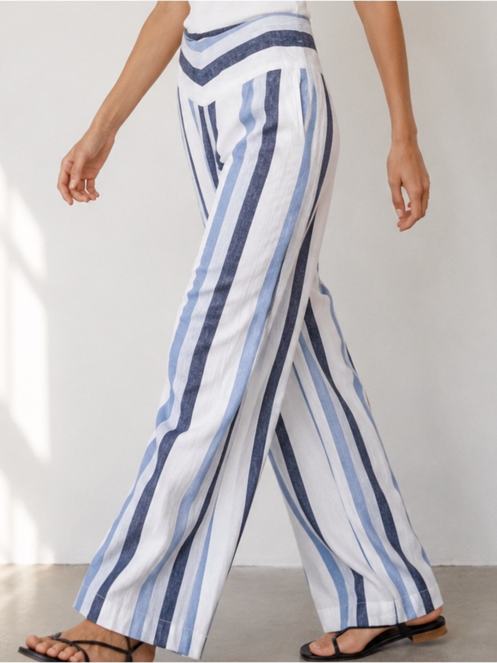 C Est. 1946 Linen Striped Wide Leg M Palazzo Pants Blue White Coastal Breezy